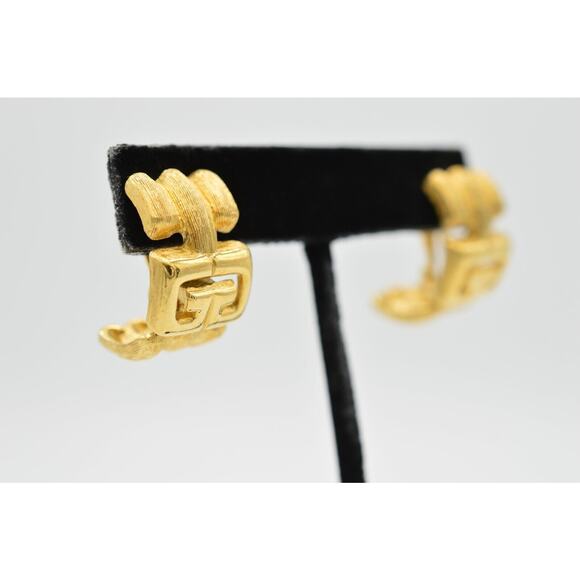 Givenchy Vintage Logo Clip On Earrings GG Brushed Gold Hoop 80s Signed AS IS 9D - Picture 3 of 10